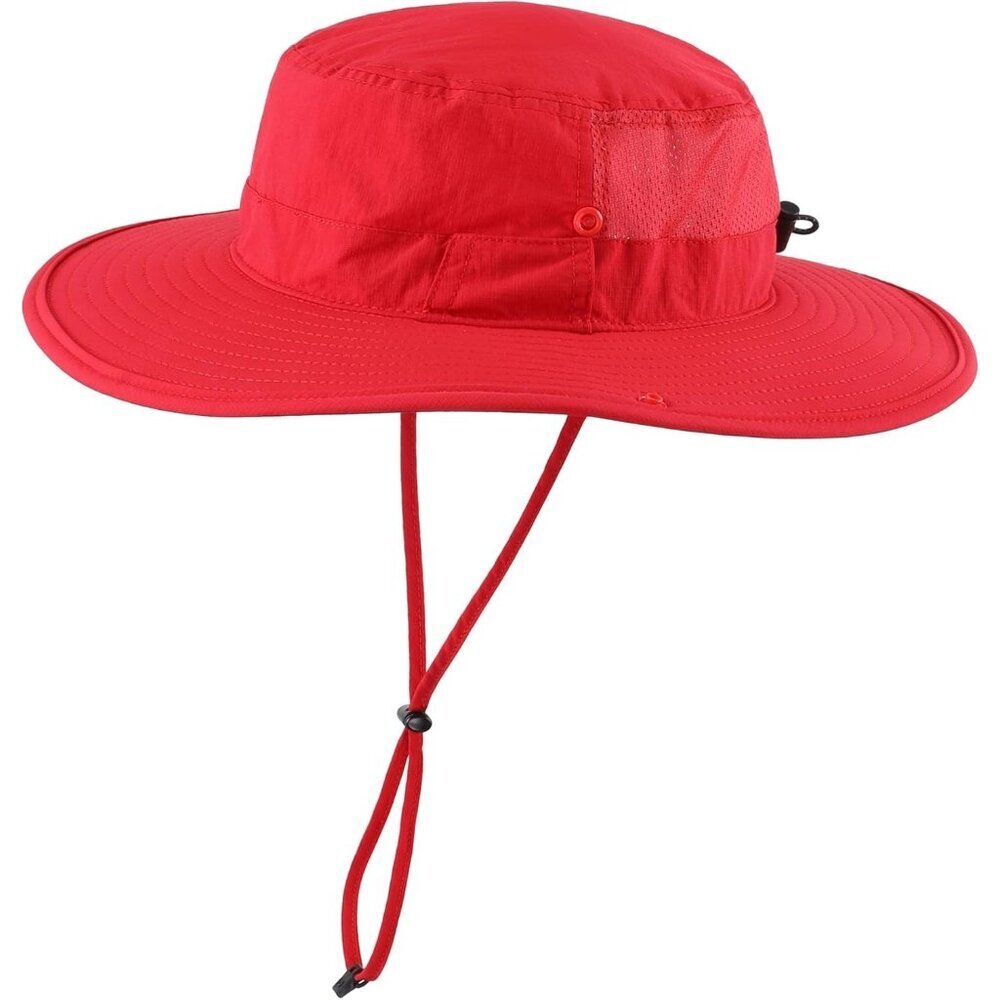 Unisex Red 100% Nylon Wide Brim Boonie Chin Strap Adjustable Classic Bucket Hat